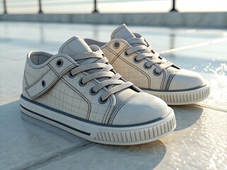 Pair of old athletic sneakers on a white sandy beach