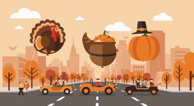 Thanksgiving parade with hot air balloons and classic cars city streets digital illustration autumn vibes aerial view festive celebration. Vector illustration