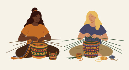 Crafting handwoven baskets artisans creating unique designs workshop illustration indoor close-up cultural heritage. Vector illustration