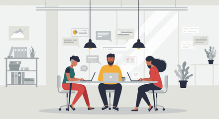 Collaborative team meeting office space digital illustration modern environment close-up view business strategy. Vector illustration