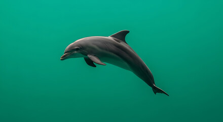 Fototapeta premium Graceful Dolphin Swimming in Clear Green Ocean Water
