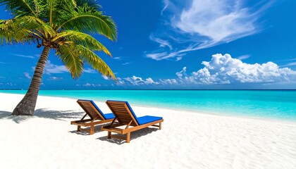 Tropical beach scene with sun loungers (1)