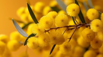 Macro of bright yellow golden wattle flowers with green leaves