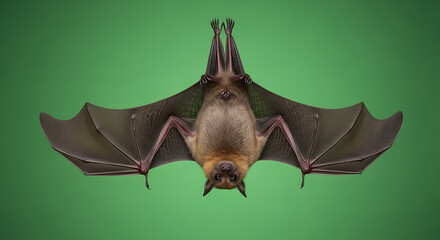 Brown Bat Hanging Upside Down with Spread Wings on Green Background