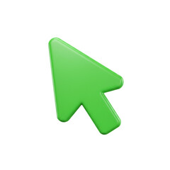 A vibrant, three-dimensional rendered image showcases a bright green cursor arrow, perfectly isolated against a stark black background, emphasizing its digital design.