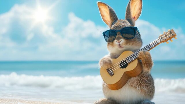 A cute bunny wearing sunglasses and playing a ukulele on the beach. A fun, relaxing scene of an animal engaging in human-like hobbies.