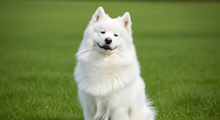 Happy Fluffy White Dog Sitting on Lush Green Grass Field with Gentle Smile