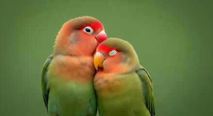 Close-up of two colorful lovebirds snuggling affectionately against a soft green background