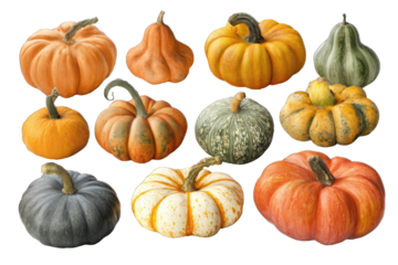 Vibrant display of various small pumpkins