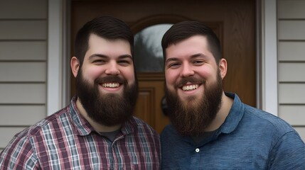 Fototapeta premium Smiling Twin Brothers Portrait Outdoors Happy Men
