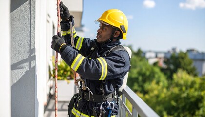 Professional firefighter in full protective gear performing a high-angle rope rescue from a building balcony.