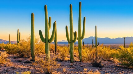 Desert sunset with towering saguaro cacti.  Vast, arid landscape bathed in golden light