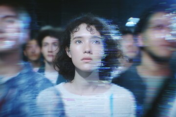A person sees others glitching at a social event. This image is a modern, tech-inspired metaphor for the disconnection and distorted social perception of social anxiety