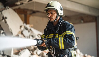Obraz premium Brave Firefighter in Protective Gear Actively Engaged in Critical Emergency Response, Diligently Spraying Water Amidst Debris in a Damaged Structure