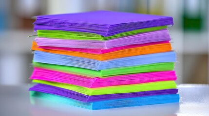 A neatly stacked pile of vibrant, brightly colored sticky notes, showcasing a spectrum of hues from purple to orange, sits on a light-colored surface against a blurred background