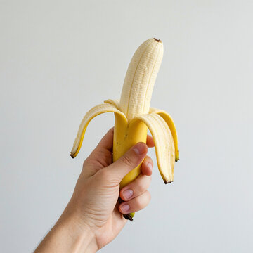 A close-up of a hand holding a ripe banana with the peel partially pulled down