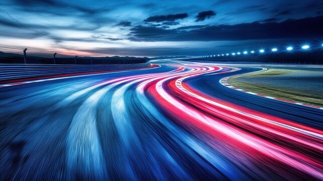 Night racing track at dusk, with streaks of light showing speed