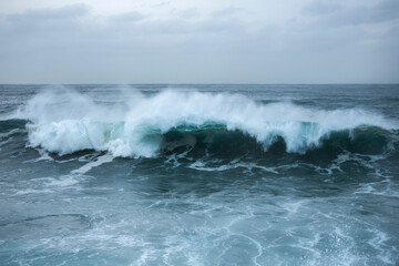 Naklejka premium Large breaking wave with sea spray at Sydney, Australia, under cloudy skies.
