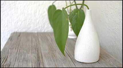A white, textured ceramic vase holds a trailing vine with large, heart-shaped leaves, sitting on a rustic grey wood surface against a white textured wall