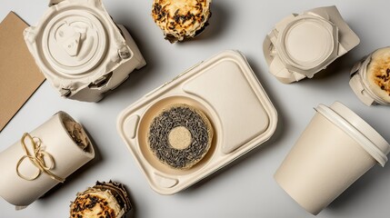 Flatlay showcasing various beige, biodegradable food containers; some are crumpled, others pristine, alongside a few pastries.  A neutral background emphasizes the eco-friendly packaging