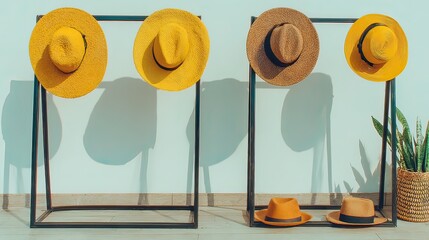 Two black metal hat racks display four sun hats, two yellow and two brown, against a light-blue wall; two additional hats rest on the floor, casting shadows in sunlight; a potted plant is beside them