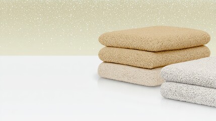 Three neatly stacked fluffy towels, beige and off-white, rest on a bright white surface against a shimmering gold background