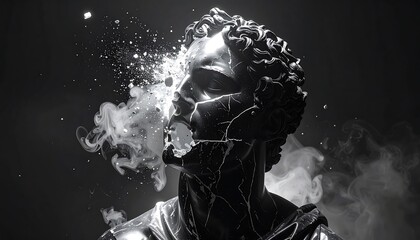 A black and white digital artwork of a classical statue's head disintegrating into smoke and particles.