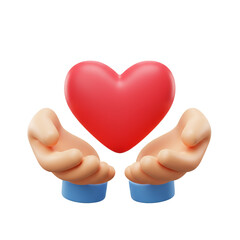 Obraz premium A vibrant illustration showcases a pair of hands cupping a bright red heart, symbolizing care, compassion, and the act of giving love to another individual.