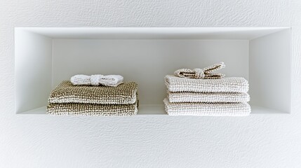 Two stacks of neatly folded, textured towels, tied with small bows, sit in a recessed white shelf against a textured white wall