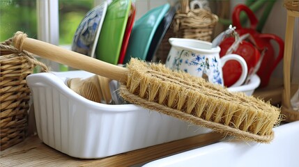 A wooden-handled vegetable brush rests in a white ceramic dish drainer amongst colorful dishes, mugs, and wicker baskets near a kitchen sink