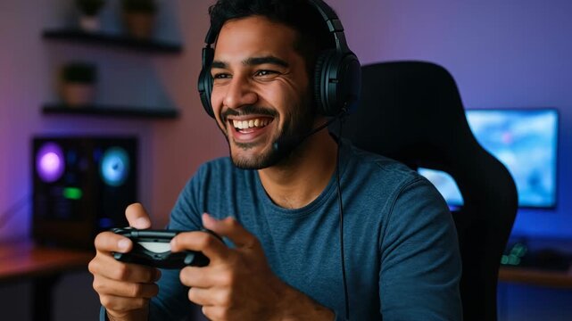 A gamer with headphones plays video games, captured from a front angle. The room is softly lit, creating an immersive and focused atmosphere.