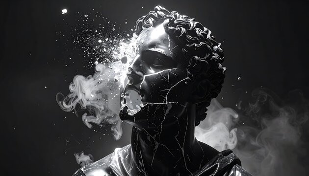 A black and white digital artwork of a classical statue's head disintegrating into smoke and particles.