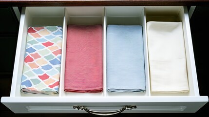 An open white drawer reveals four neatly folded cloth napkins, each a different color and pattern, separated by dividers.  The drawer is set within a dark wood frame