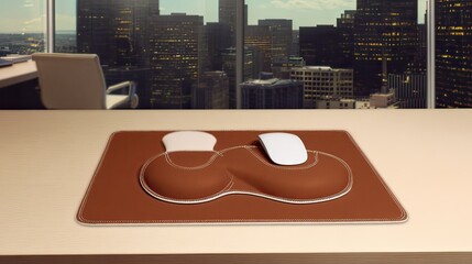 Brown leather desk pad with integrated wrist rest and mousepad, situated on a light beige desk against a cityscape backdrop