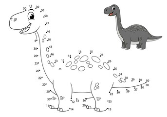 Connect the dots game with a happy cartoon long-necked dinosaur, an educational activity for children.