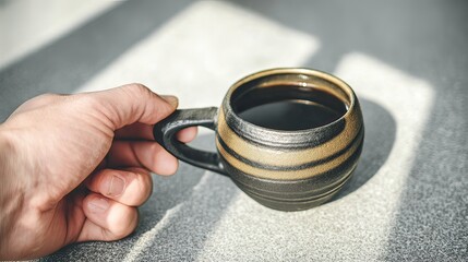 A hand gently holds a dark-colored, striped ceramic mug filled with dark coffee. Sunlight streams across a textured surface, casting shadows