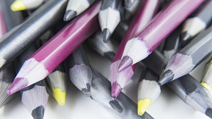 A close-up shot reveals a jumbled pile of sharpened colored pencils, predominantly dark gray and deep purple, with hints of pale yellow, showing varying degrees of wear