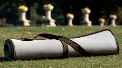 Rolled light-grey exercise mat with brown strap rests on a sunlit lawn, blurred ornate stone structures in background