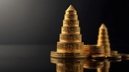 A close up of a gold cryptocurrency coin on a stack of money with dramatic lighting, representing blockchain and digital finance. Fintech investment concept