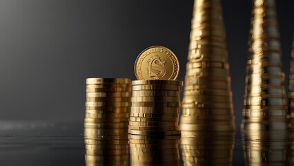 A close up of a gold cryptocurrency coin on a stack of money with dramatic lighting, representing blockchain and digital finance. Fintech investment concept