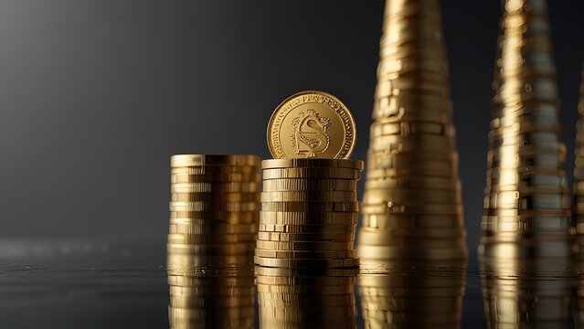 A close up of a gold cryptocurrency coin on a stack of money with dramatic lighting, representing blockchain and digital finance. Fintech investment concept - Powered by Adobe