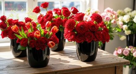 Red floral arrangements in black vases