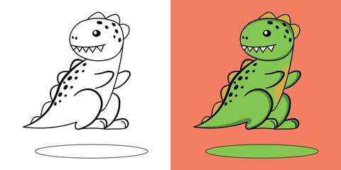 Adorable Cartoon Dinosaur Line Art and Vibrant Color Illustration