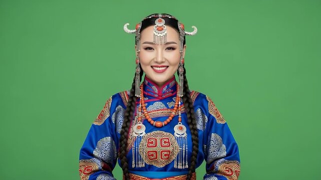 Smiling woman in ornate traditional ethnic costume with elaborate headpiece and braids against green screen
