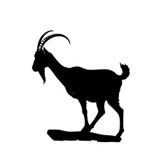 A solid black silhouette of a goat with a sturdy build and delicate features, standing on a small, irregularly shaped rock, shown in profile, facing left with its head held high and ears perked up, th