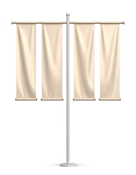 Three cream-colored banners hung from a white pole