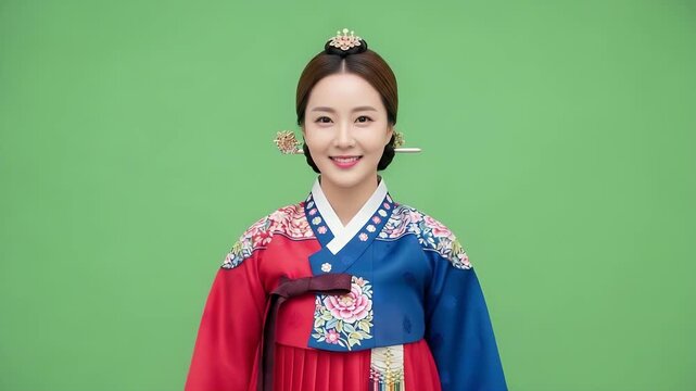 Smiling Korean Woman in Traditional Hanbok Portrait on Green Screen
