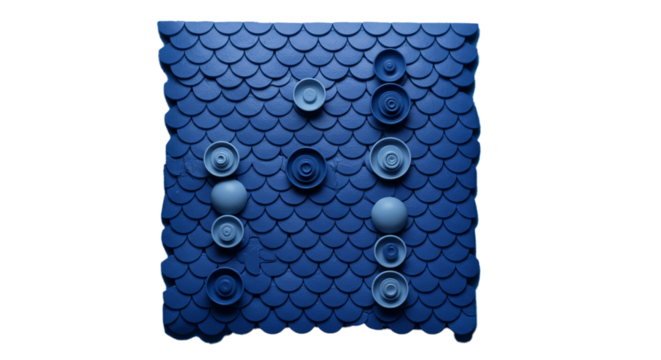 Artistic blue pattern of overlapping scales adorned with abstract concentric circles and a smooth sphere.