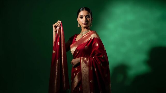 Elegant Woman in Traditional Red Silk Saree Posing Against Green Background, Showcasing Indian Fashion