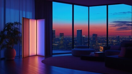Fototapeta premium Modern, illuminated living room with city views at sunset